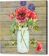 Rustic Country Red Poppy W Alium N Ivy In A Mason Jar Bouquet On Wooden Fence Acrylic Print