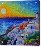 Santorini Oia Sunset Modern Impressionist Impasto Palette Knife Oil Painting By Ana Maria Edulescu Acrylic Print