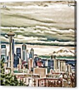 Seattle Skyline In Fog And Rain Acrylic Print