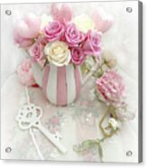 Shabby Chic Valentine Pink And Yellow Roses In Vase - Romantic Roses Skeleton Key Art Acrylic Print