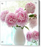 Shabby Chic Cottage Romantic Pink White Peonies In Window - Romantic Peonies Decor Acrylic Print