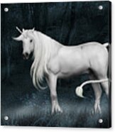 Silver Unicorn Standing In Misty Forest Acrylic Print