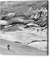 Skiing Through The Canadian Rockies Black And White Acrylic Print