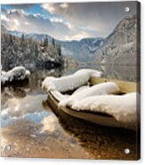 Snow Covered Boat On Lake Bohinj In Winter Acrylic Print