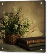 Still Life With Old Books And White Flowers In The Basket Acrylic Print