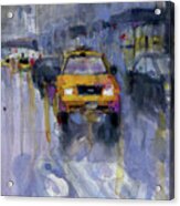 Taxi Cab - Rainy Day - Cityscape Acrylic Print