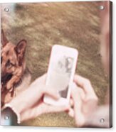 Teen Girl Taking Photo Of Dog With Smartphone Acrylic Print