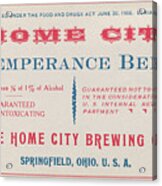 Temperance Beer Label Acrylic Print