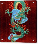 The Great Dragon Spirits - Turquoise Dragon On Red Silk Acrylic Print