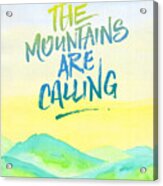 The Mountains Are Calling Yellow Blue Sky Watercolor Painting Acrylic Print