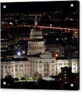 The Texas State Capitol At Night As Rush Hour Traffic Lights Str Acrylic Print