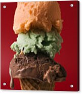 Three Scoop Ice Cream On Red Background Acrylic Print