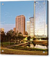Twilight Panorama Of Downtown Houston Skyline From Discovery Green Urban Park - Houston Texas Acrylic Print