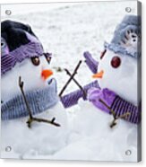 Two Cute Snowmen Friends Embracing Acrylic Print