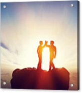 Two Men High Five On Top Of The Mountains Acrylic Print
