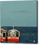 Two Red Fishing Boats Moored Side By Side In The Blue Ocean Acrylic Print
