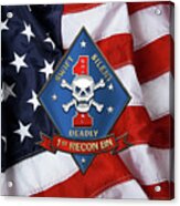 U S M C  1st Reconnaissance Battalion -  1st Recon Bn Insignia Over American Flag Acrylic Print