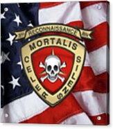 U S M C  3rd Reconnaissance Battalion -  3rd Recon Bn Insignia Over American Flag Acrylic Print