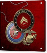 U. S.  Marines Corporal Rank Insignia Over Red Velvet Acrylic Print