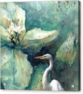 White Heron On Teal Bloom Acrylic Print