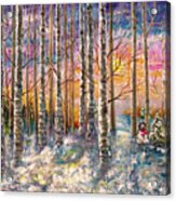 Dylan's Snowman - Winter Sunset Landscape Impressionistic Painting With Palette Knife Acrylic Print