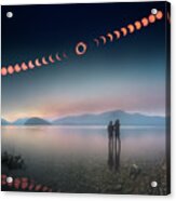 Woman And Girl Standing In Lake Watching Solar Eclipse Acrylic Print