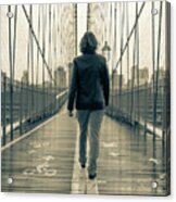Woman Walking On The Brooklyn Bridge Acrylic Print