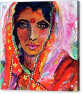 Women With Red Bindi By Ginette Acrylic Print