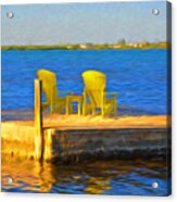 Yellow Adirondack Chairs On Dock In Florida Keys Acrylic Print
