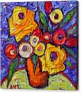 Yellow Roses And Wildflowers Abstract Impressionist Impasto Knife Oil Painting By Ana Maria Edulescu Acrylic Print