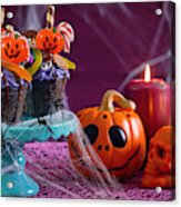 Halloween Candyland Drip Cake Style Cupcakes In Party Table Setting. #1 Acrylic Print