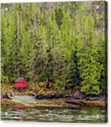 Red Cabin On Edge Of Alaskan Waterway In Evergreen Forest #1 Acrylic Print