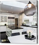 White Breakfast Table With Black Leather Chairs, White Wood And Glass Pane Island With Black Granite Countertop,  Cupboards In Country Style Kitchen, Black Granite Tile Flooring #1 Acrylic Print