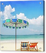 White Sandy Beach With Chairs And #1 Acrylic Print