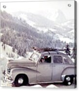 1940s Vehicle With Ski Rack On Snowy Mountain Road Acrylic Print