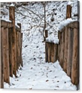 Snowy Wooden Bridge Over The River With Trees #2 Acrylic Print