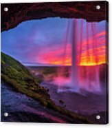 Iceland, South Iceland, Suwurland, Sunset From The Footpath Behind Seljalandsfoss Waterfall #4 Acrylic Print
