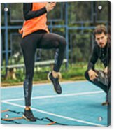 Young Woman Exercising With Agility Ladder #5 Acrylic Print