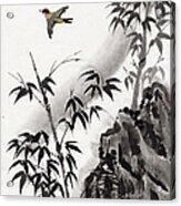 A Bird And Bamboo Leaves, Ink Painting Acrylic Print