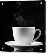 A Cup Of Smoking Hot Coffee On A Black Acrylic Print