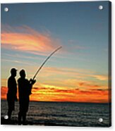 A Silhouette Of Two Men Fishing At Acrylic Print