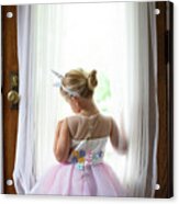 Back View Of Blond Girl With Unicorn Headband In Doorway Looking Out Acrylic Print