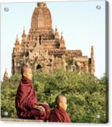 Bagan, Buddhist Monks Sitting On Temple Acrylic Print
