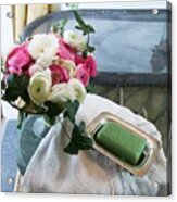 Bath Towel, Soap And Vase Of Ranunculus In A Bathroom Acrylic Print