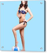 Beach Volleyball Girl Standing On Beach Ball Acrylic Print