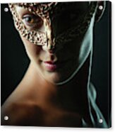 Beauty Model Woman Wearing Masquerade Carnival Mask Acrylic Print