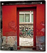 Bicycles In Red Doorway Acrylic Print