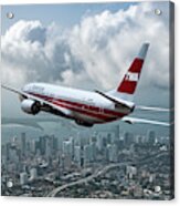 Boeing 737 Climbing Out Over Downtown Miami Acrylic Print
