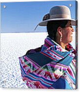Bolivia, Salar De Uyuni, Woman In Salt Acrylic Print
