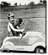 Boy Driving Toy Car, With Springer Acrylic Print